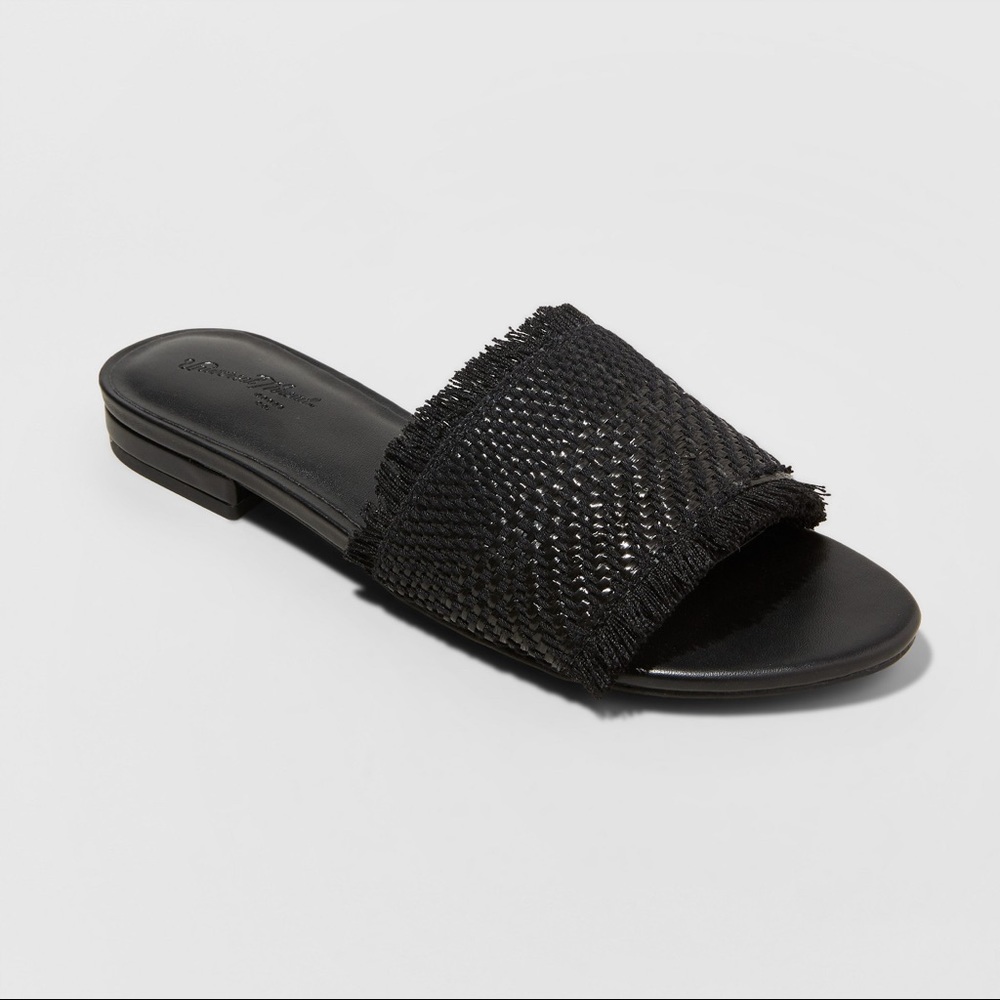 Black fringe twill slide yvette sandal mule 10